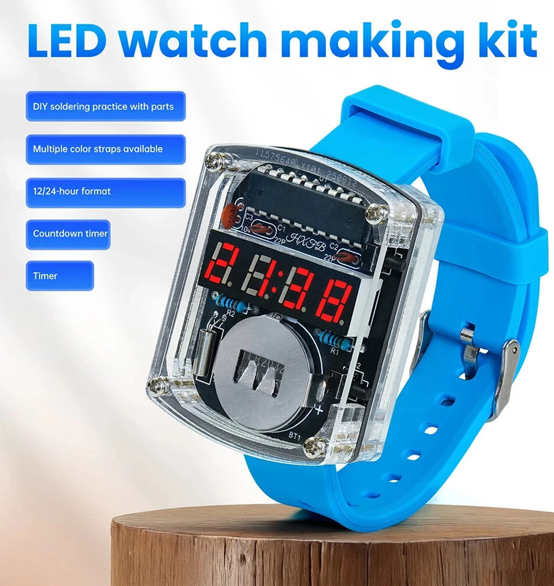 HU090 DIY LED Digital Watch Kit 0.28 Inch Red Display Silicone Strap 12/24 Hour Format Countdown Timer Acrylic Shell Battery Operated Beginner Soldering Practice
