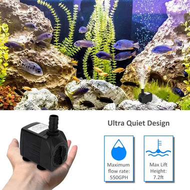 30W Ultra Quiet Submersible Water Pump 550GPH High Lift for Aquariums Fish Tanks Ponds Hydroponics Statuary with 3 Nozzles US/EU Plug Option