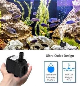 30W Ultra Quiet Submersible Water Pump 550GPH High Lift for Aquariums Fish Tanks Ponds Hydroponics Statuary with 3 Nozzles US/EU Plug Option