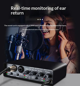Q-24 Computer Soundcard External USB Audio Interface 24 Bit/192kHz 2 In 4 Out Sound Card with 48V Phantom Power Loopback Recording Streaming Podcast Studio Mixer
