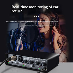 Q-24 Computer Soundcard External USB Audio Interface 24 Bit/192kHz 2 In 4 Out Sound Card with 48V Phantom Power Loopback Recording Streaming Podcast Studio Mixer