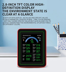 18-in-1 Air Quality Detector Formaldehyde CO TVOC CO2 PM1.0 PM2.5 Monitor Temperature Humidity High Precision Portable Sensor Data Export TFT Screen ZN-MT32