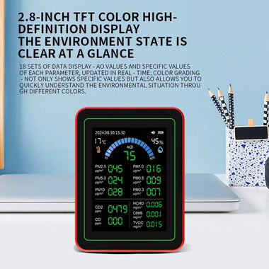 18-in-1 Air Quality Detector Formaldehyde CO TVOC CO2 PM1.0 PM2.5 Monitor Temperature Humidity High Precision Portable Sensor Data Export TFT Screen ZN-MT32
