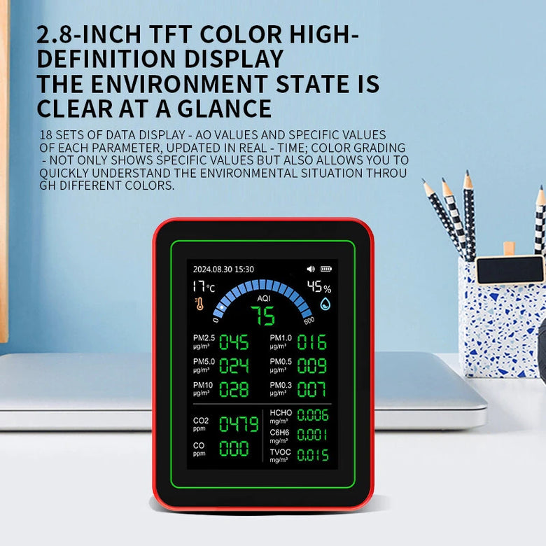 18-in-1 Air Quality Detector Formaldehyde CO TVOC CO2 PM1.0 PM2.5 Monitor Temperature Humidity High Precision Portable Sensor Data Export TFT Screen ZN-MT32