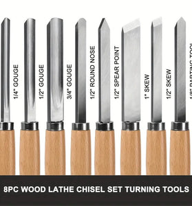 8PCS Professional Wood Turning Chisels Set High-Speed Steel Blades Lathe Chisel Kit with Skew Parting Spear Point Gouges Round Nose for Woodworking Lathe