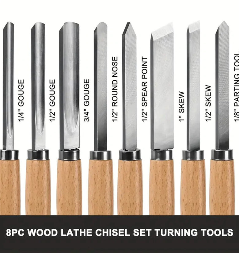 8PCS Professional Wood Turning Chisels Set High-Speed Steel Blades Lathe Chisel Kit with Skew Parting Spear Point Gouges Round Nose for Woodworking Lathe