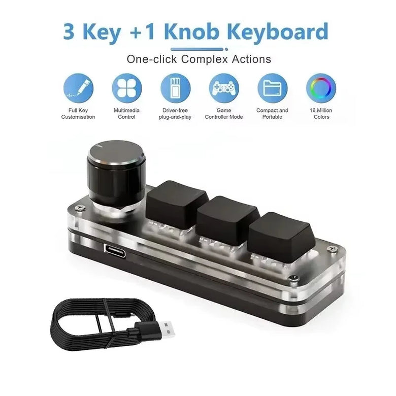 3 Key RGB Mechanical Keyboard Type-C Customizable Programmable Shortcut Macropad Rotary Encoder Gaming Keypad Computer Laptop Tablet Mobile Compatible