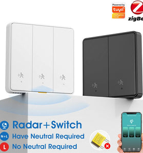 Tuya Zigbe 1/2/3 Gang Smart Wall Light Button Switch with 6M Radar Human Motion Detection Alarm Sensor No/Need Neutral Wire Switch 110-240V Smart Life APP