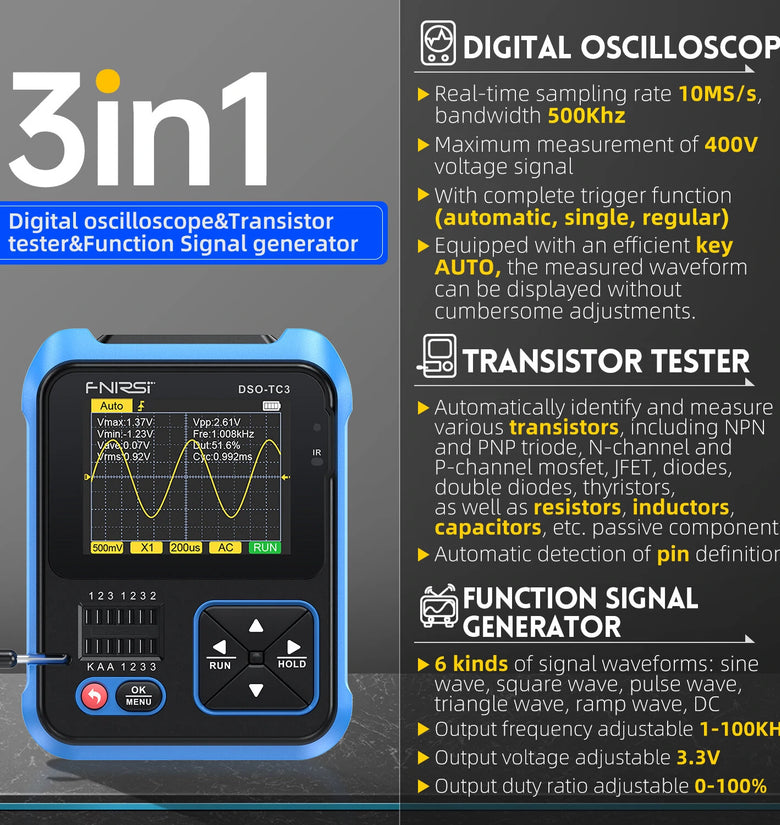 FNIRSI DSO-TC3 Digital Oscilloscope Transistor Tester Function Signal Generator 3 in 1 Multifunction Electronic Component Tester