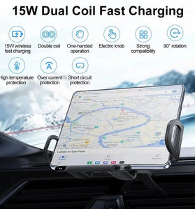 15W Dual Coil Fast Charing Car Wireless Charger Phone Holder Automatic Rotating Fold Screen Tand Air Vent Mount