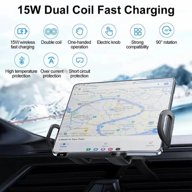 15W Dual Coil Fast Charing Car Wireless Charger Phone Holder Automatic Rotating Fold Screen Tand Air Vent Mount