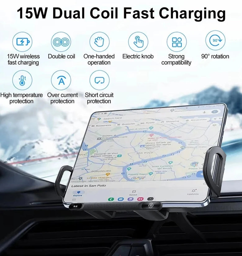 15W Dual Coil Fast Charing Car Wireless Charger Phone Holder Automatic Rotating Fold Screen Tand Air Vent Mount