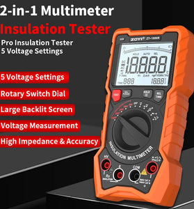 2in1 ZOYI ZT1000R Multimeter Insulation Tester 5 Voltage Settings 1000V AC DC True RMS High Accuracy Backlit Screen Professional Measuring Tool