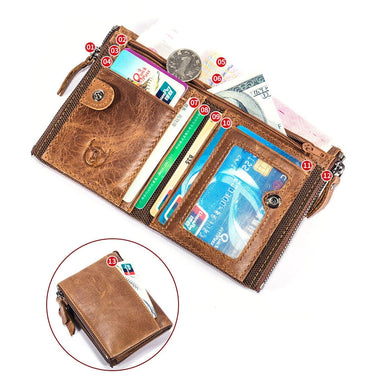 BULLCAPTAIN Vintage Men's Wallet Top-grain Cowhide Leather Zipper Card Holder Coin Purse Business Casual Male Money Clip