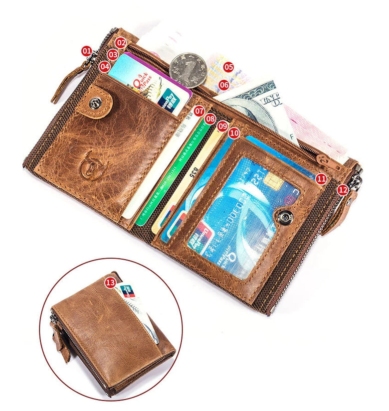 BULLCAPTAIN Vintage Men's Wallet Top-grain Cowhide Leather Zipper Card Holder Coin Purse Business Casual Male Money Clip