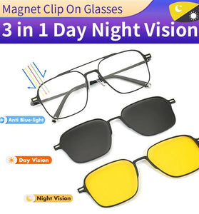 3 In 1 Magnetic Anti-blue Light Eyeglass with HD Polarized | Night Vision Lenses UV-resistant Lightweight Comfy Fashion Sunglasses