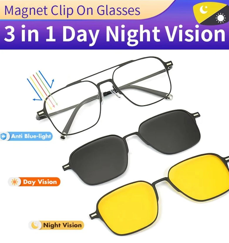 3 In 1 Magnetic Anti-blue Light Eyeglass with HD Polarized | Night Vision Lenses UV-resistant Lightweight Comfy Fashion Sunglasses