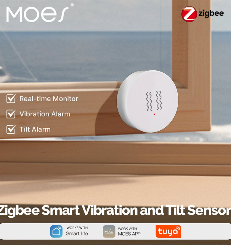 MOES Zigbee3.0 Tuya Smart Vibration Tilt Sensor Real-Time Monitoring XYZ Axis Detection Motion Shock Alarm for Door Window Security