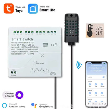 Tuya 7-32V 4CH WiFi Smart Relay Switch With Temperature Humidity Sensor Passive Dry Contact Switch RF433 with Alexa Google Home