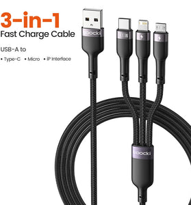 Toocki TQ-X61 6A 100W USB-A to iP/Micro/Type-C Cable Fast Charging Data Transmission Copper Core Line 1.2M Long for iPhone 15/15 Plus 14 13 for Huawei Mate60 Pro for Samsung Galaxy S23 for Xiaomi 13Pro