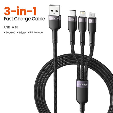 Toocki TQ-X61 6A 100W USB-A to iP/Micro/Type-C Cable Fast Charging Data Transmission Copper Core Line 1.2M Long for iPhone 15/15 Plus 14 13 for Huawei Mate60 Pro for Samsung Galaxy S23 for Xiaomi 13Pro
