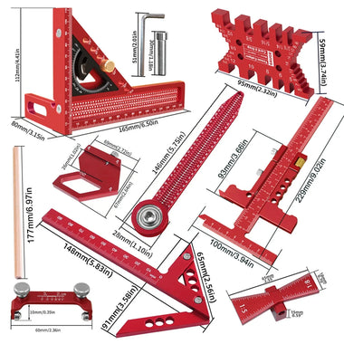 9Pcs Woodworking Square Kit Aluminum Alloy CNC Tools Multi Functional Ruler Set Center Finder Compass Honing Guide Height Gauge For Precision Layout Panel Splicing Grinding