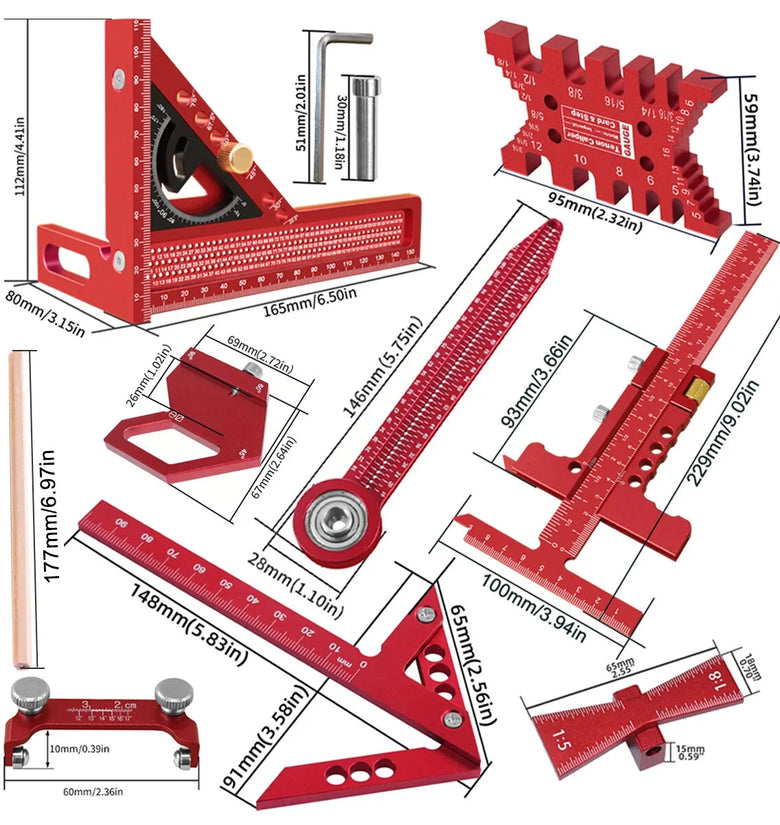 9Pcs Woodworking Square Kit Aluminum Alloy CNC Tools Multi Functional Ruler Set Center Finder Compass Honing Guide Height Gauge For Precision Layout Panel Splicing Grinding