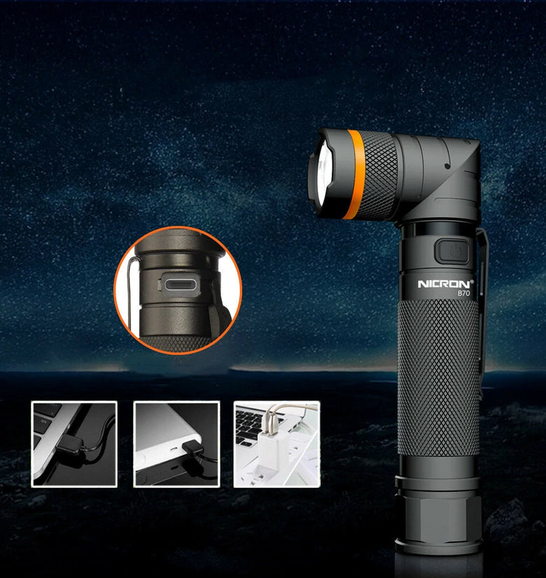 Nicron B70 1200LM 90 Degree Rechargeable LED Flashlight Black Headlamp Magnet Clip Handfree Ultra Bright LED Torch Headlight