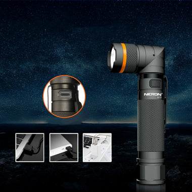 Nicron B70 1200LM 90 Degree Rechargeable LED Flashlight Black Headlamp Magnet Clip Handfree Ultra Bright LED Torch Headlight
