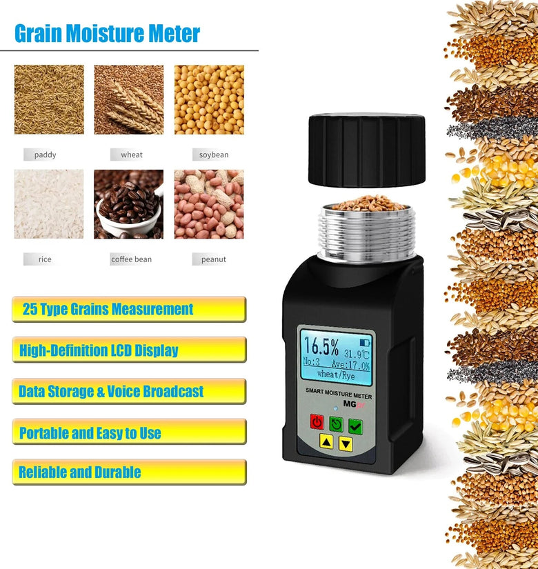 GS25A Smart Digital Grain Moisture Meter Accurate Tester Supports 25 Grains Including Corn Rice Coffee LCD Display Temperature Compensation Portable Design Long Battery Life