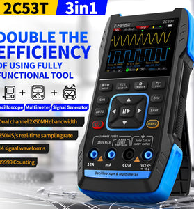 FNIRSI 2C53T Upgrade 3in1 50MHz*2 Dual Channel Bandwidth 250MS Rate Oscilloscope Multimeter Signal Generator 19999 Counts True RMS