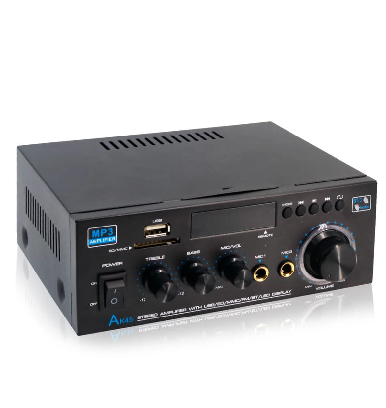 AK45 Stereo Audio Amplifier 2.0 Channel Bluetooth FM Radio USB SD Card Input Bass Treble Control Compact Amplifier