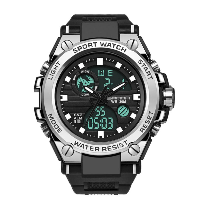 SANDA Men's Sport Dual Display Watch Outdoor Waterproof Luminous Date Week Multifunctional Digital Wristwatch