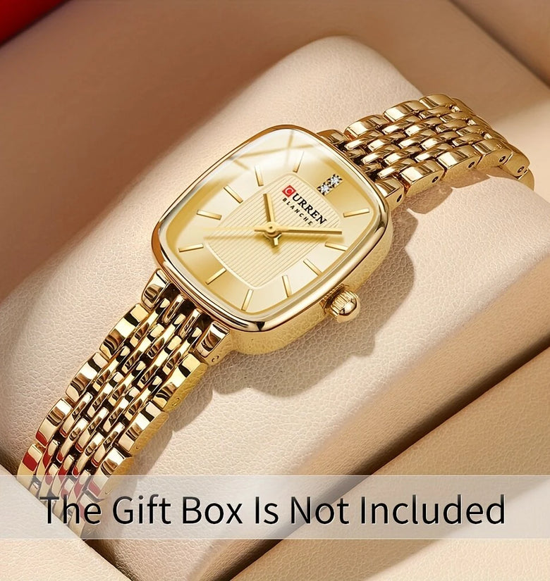 CURREN Fashion Rhinestone Deco Stainless Steel Strap Square Quartz Watch Waterproof Casual Business Women's Wristwatch