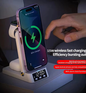 4-in-1 Foldable Alarm Clock 15W Wireless Charger Phone Bracket Fast Wireless Charging Stand for iPhone 17 17 Pro 16 Pro Max 15 14 13 for Huawei Mate XTs for Xiaomi 17pro for Samsung Galaxy S25 Ultra Apple Watch for Airpods