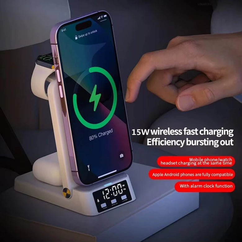 4-in-1 Foldable Alarm Clock 15W Wireless Charger Phone Bracket Fast Wireless Charging Stand for iPhone 17 17 Pro 16 Pro Max 15 14 13 for Huawei Mate XTs for Xiaomi 17pro for Samsung Galaxy S25 Ultra Apple Watch for Airpods