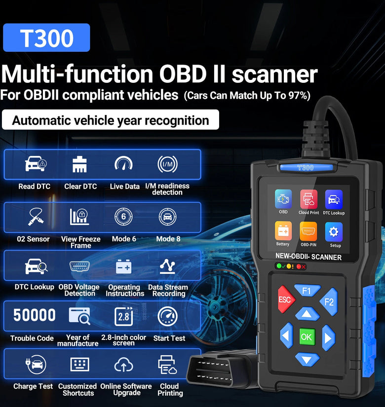 JDiag T300 OBD2 Scanner 2.8 Inch TFT Screen OBDII Multi-function Vehicles Automatic Vehicle Year Recognition Data Stream Recording