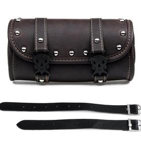 Motorcycle Front Fork Tool Saddle Bag Pouch Saddlebags Luggage Leather Barrel Dark Brown