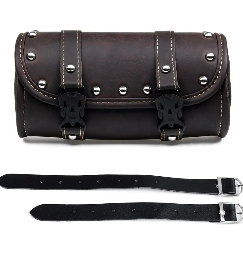 Motorcycle Front Fork Tool Saddle Bag Pouch Saddlebags Luggage Leather Barrel Dark Brown