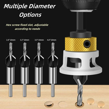 4-in-1 Countersink Drill Bit Set with Low Friction Depth Stop 6.25mm Shank Tungsten Steel Drill Bits 2.8mm 3.2mm 3.5mm 4.0mm Drill Bits for Woodworking Metalworking
