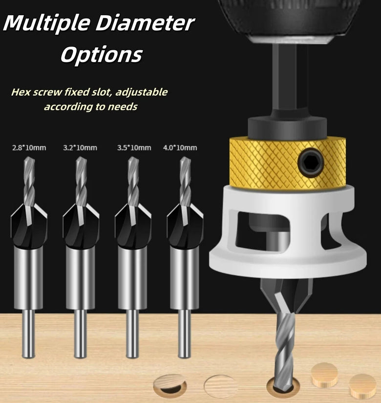 4-in-1 Countersink Drill Bit Set with Low Friction Depth Stop 6.25mm Shank Tungsten Steel Drill Bits 2.8mm 3.2mm 3.5mm 4.0mm Drill Bits for Woodworking Metalworking