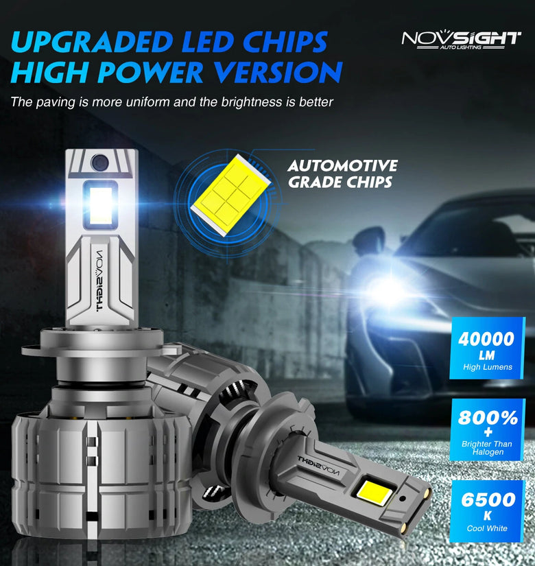 NOVSIGHT A500-N60 2PCS 40000LM/Pair Car Headlight LED Bulbs High/Low Beam Kit 6500K Headlamp IP68 Waterproof White Light