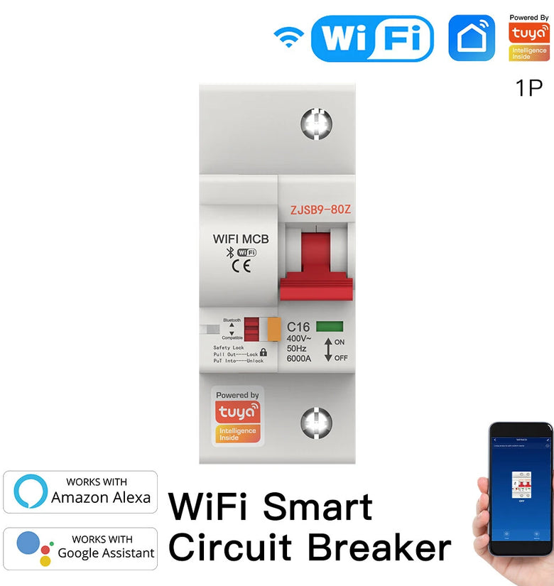 1P-4P 10A-80A Tuya WiFi Smart Circuit Breaker Wireless APP Remote Control Schedule Setting Automatic Intelligent Interruptor Work with Alexa Google Assistant