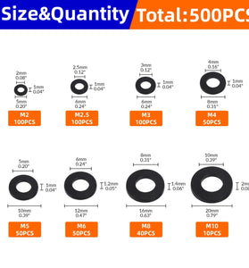 500Pcs 8 Size Black Nylon Flat Washers Set M2 M2.5 M3 M4 M5 M6 M8 M10 Assortment Kit Plane Spacer Insulation Gasket Ring