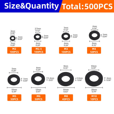 500Pcs 8 Size Black Nylon Flat Washers Set M2 M2.5 M3 M4 M5 M6 M8 M10 Assortment Kit Plane Spacer Insulation Gasket Ring