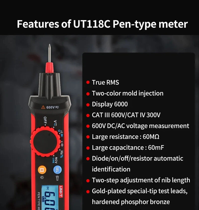 UNI-T Pen-Type Meter Digital UT118C 600V DC AC Voltmeter True RMS Frequency Meter NCV Capacitance Resistance Test