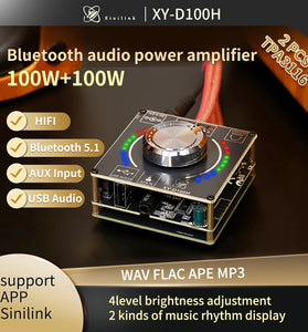 Sinilink XY-D100H 100W*2 HiFi bluetooth Amplifier Board TPA3116*2 Module Digital Audio Amp with Volume Spectrum Music Rhythm Light