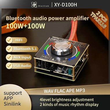 Sinilink XY-D100H 100W*2 HiFi bluetooth Amplifier Board TPA3116*2 Module Digital Audio Amp with Volume Spectrum Music Rhythm Light