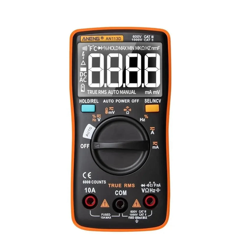 ANENG AN113D Intelligent Auto Measure True- RMS Digital Multimeter 6000 Counts Resistance Diode Continuity Tester Temperature AC/DC Voltage Current Meter Upgraded from AN8002 - Orange