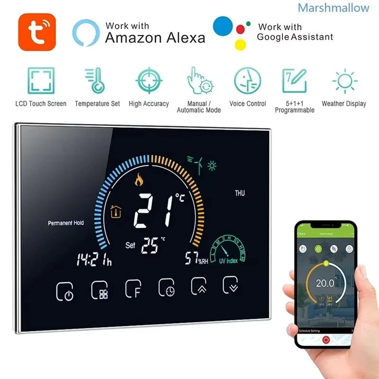 Tuya WiFi Smart Programmable Thermostat for Electric Heating LCD Display Touch Panel APP Voice Control Work with Alexa Google Home
